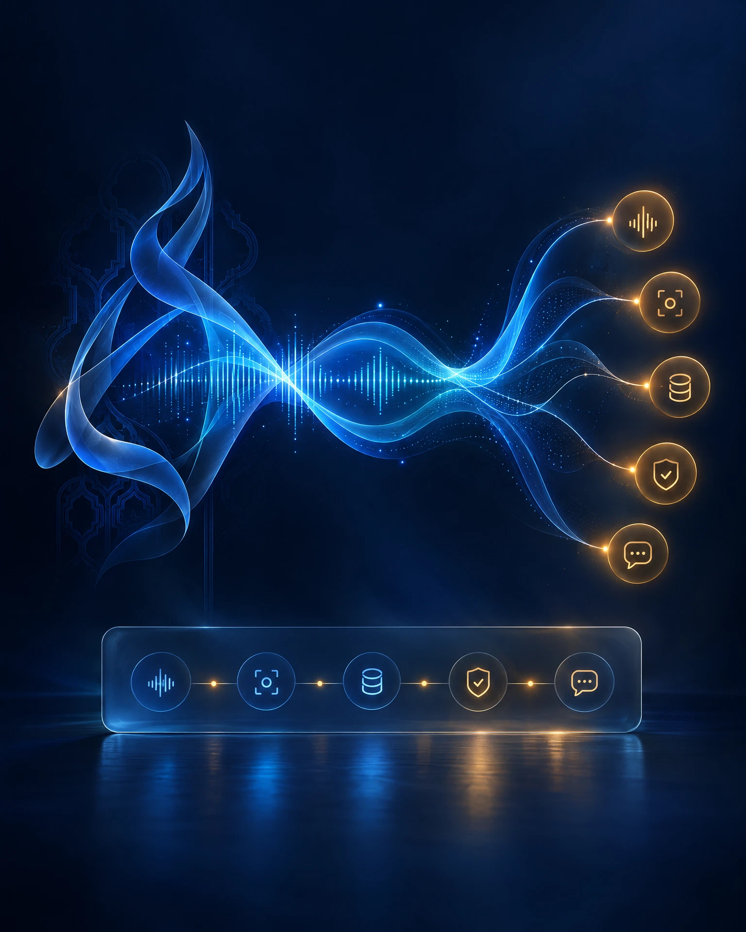 Abstract flowing blue audio signal with amber verification points